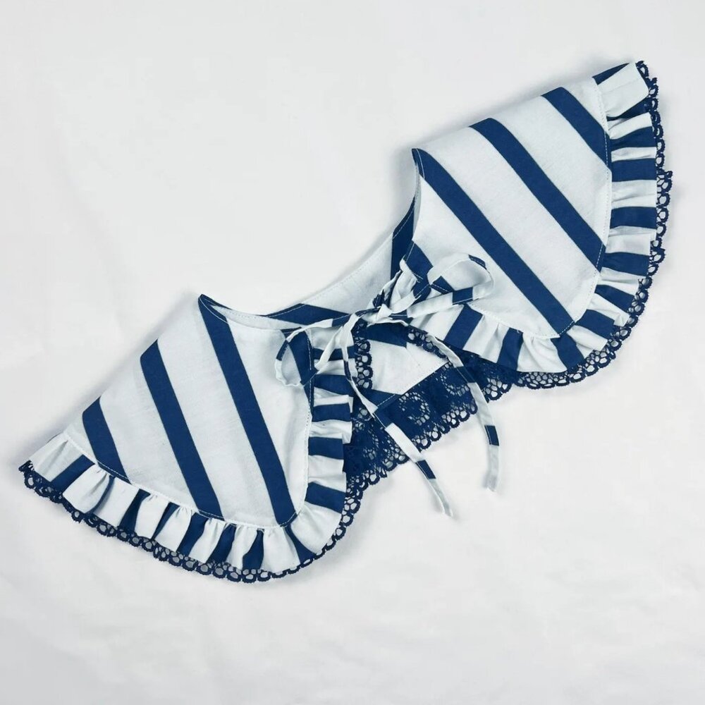Navy & White Striped Detachable Collar – Ruffle Trim with Lace Detail